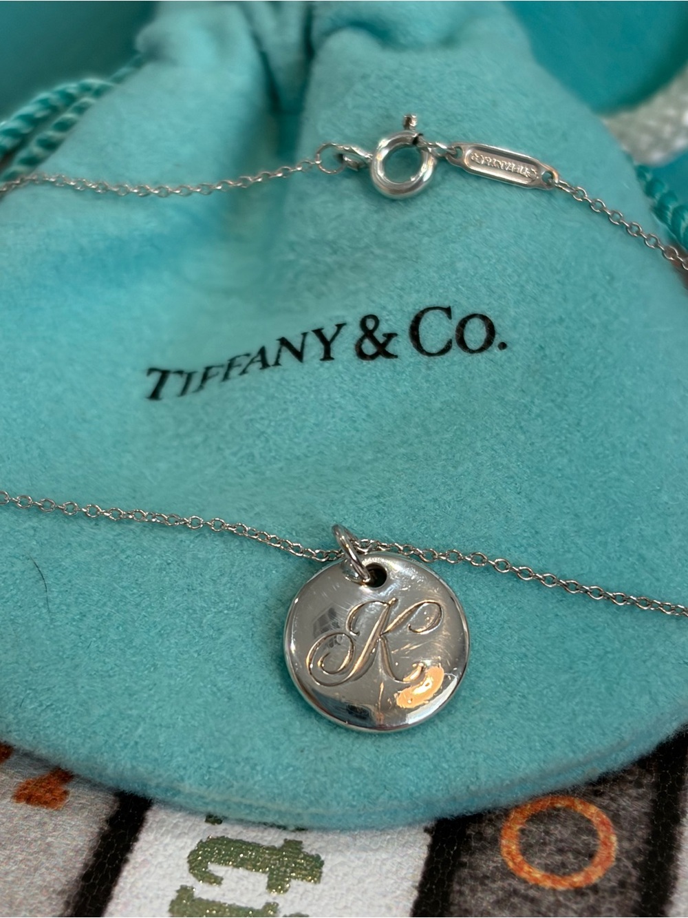✨ Tiffany & Co. Notes Letter "K" Round Disc Pendant Necklace 💕 - Picture 15 of 16